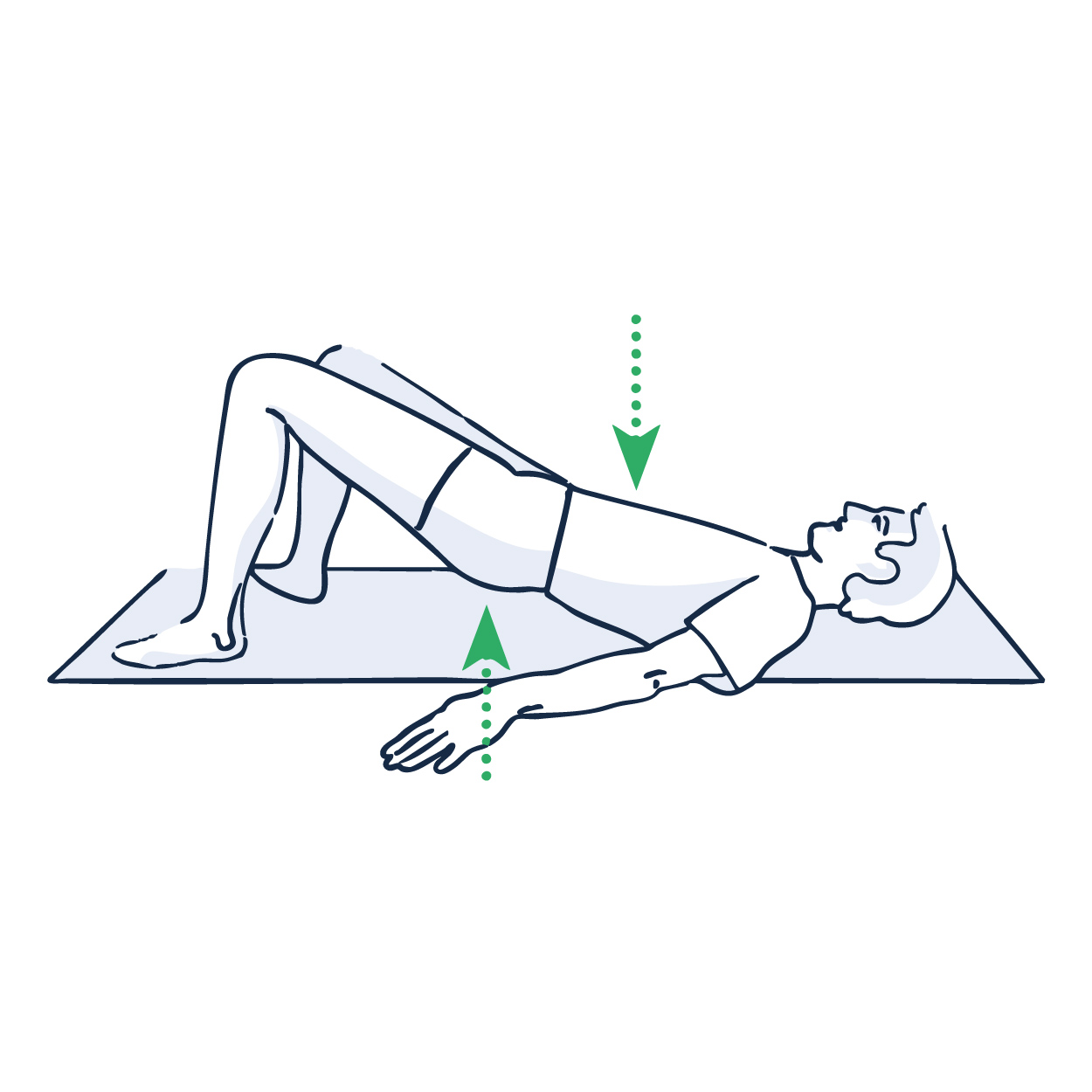 Supini con le gambe piegate, espirando sollevare il bacino da terra contraendo i glutei e retraendo l'addome